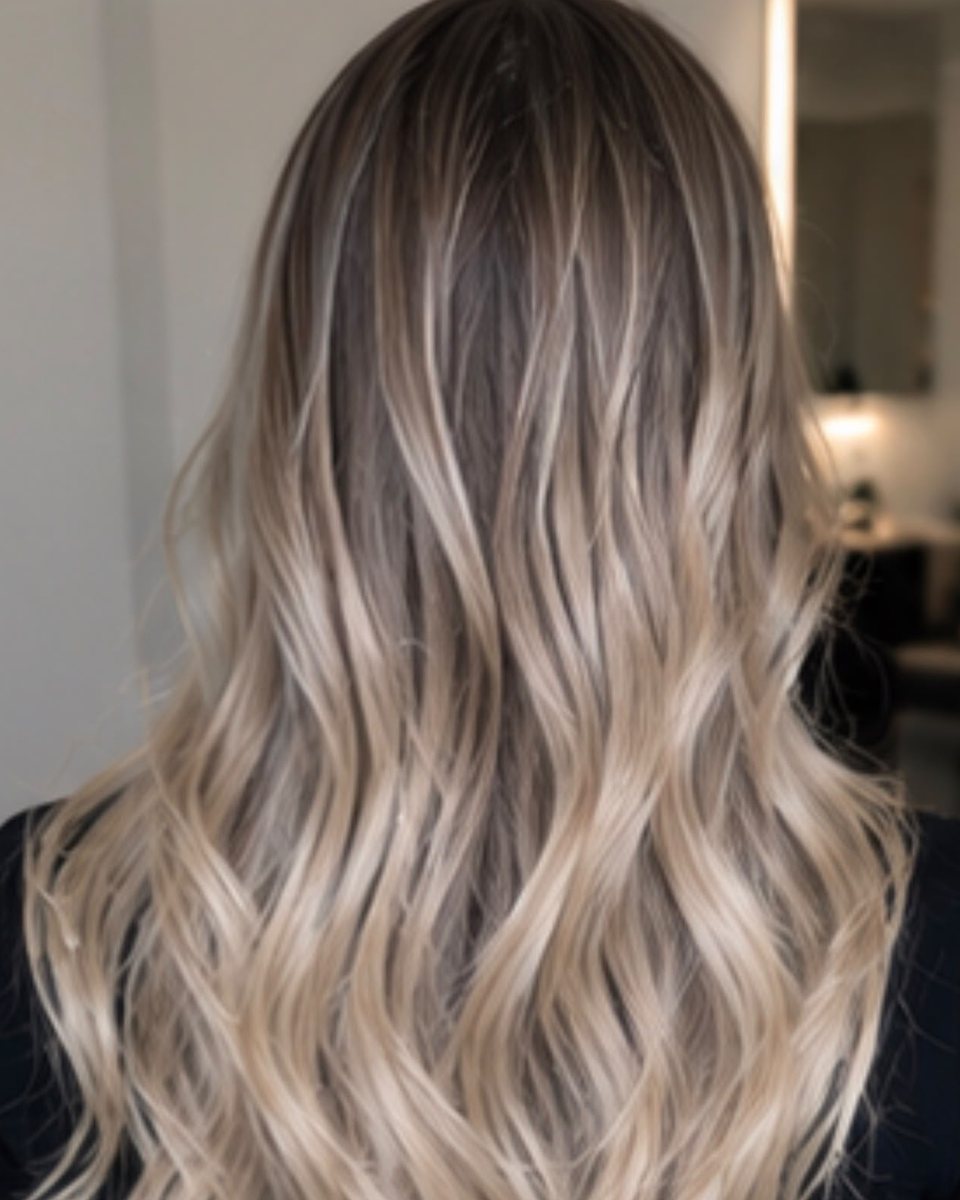 Exemple d’AirTouch : blond beige fondu sur cheveux longs ondulés, vue de dos
