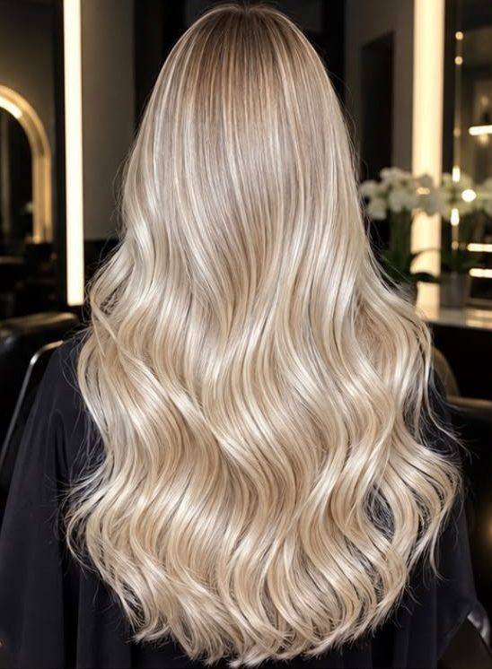 Vue de dos : blond beige avec racine fondue et longueurs ondulées
