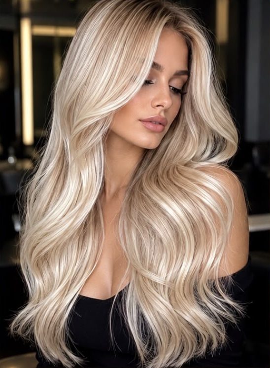 Blond polaire lumineux sur cheveux longs, coiffé en ondulations souples
