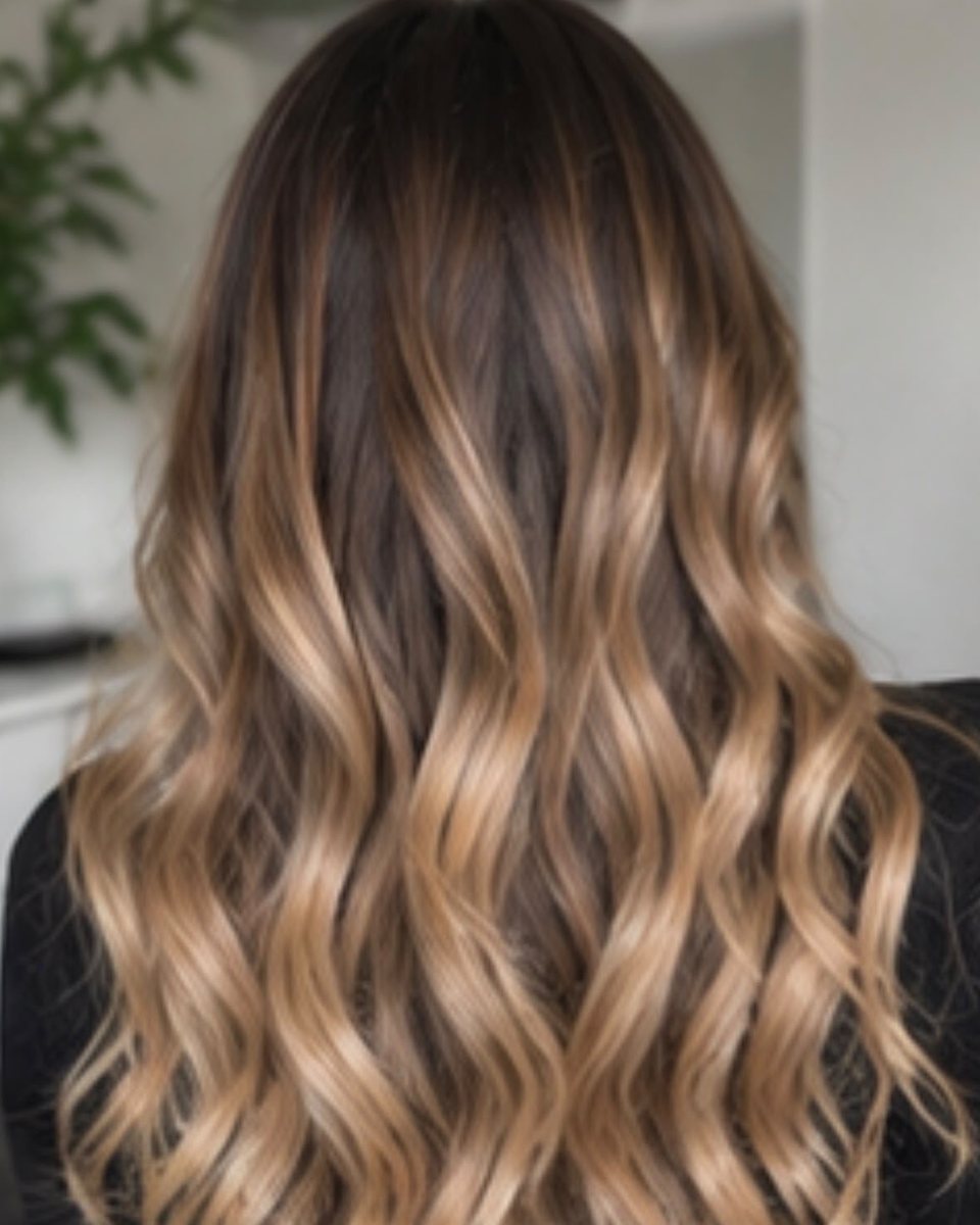 Exemple de brushing ondulé sur cheveux longs méchés caramel