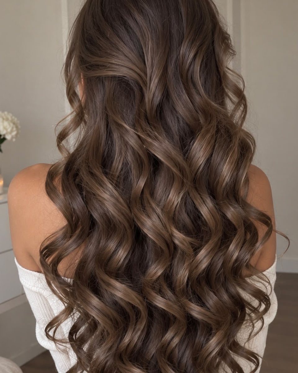 Exemple de brushing en boucles souples sur cheveux longs châtains