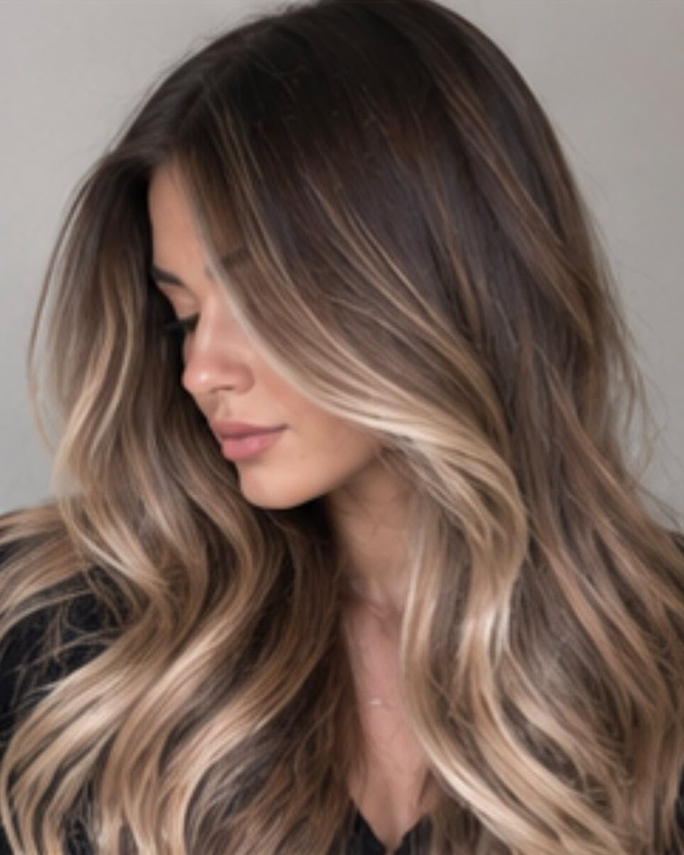 Exemple de contouring : mèches claires autour du visage sur base châtain, cheveux longs ondulés