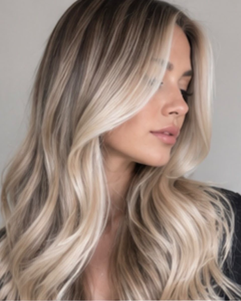 Exemple de contouring : blond lumineux autour du visage sur cheveux longs