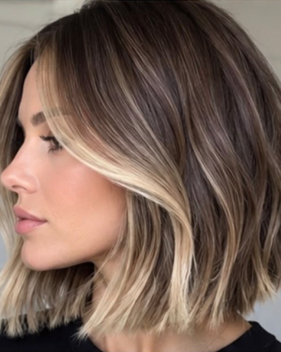Exemple de contouring : mèches claires autour du visage sur un carré brun