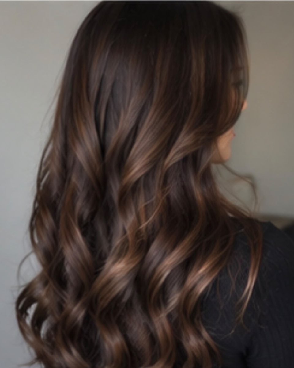 Exemple de couleur châtain chocolat aux reflets caramel, cheveux longs ondulés
