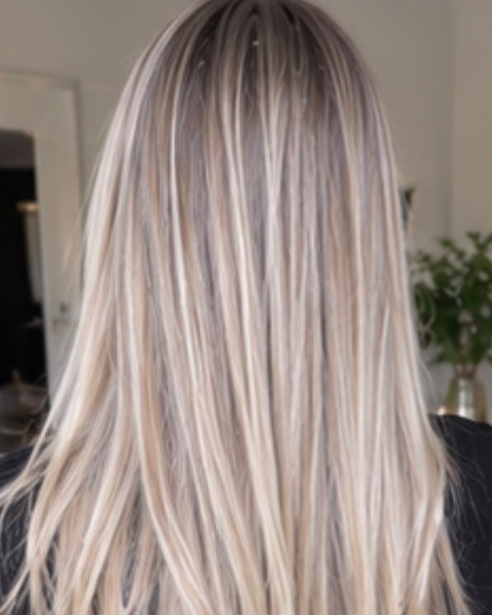 Exemple de mèches blondes fines sur cheveux longs lisses